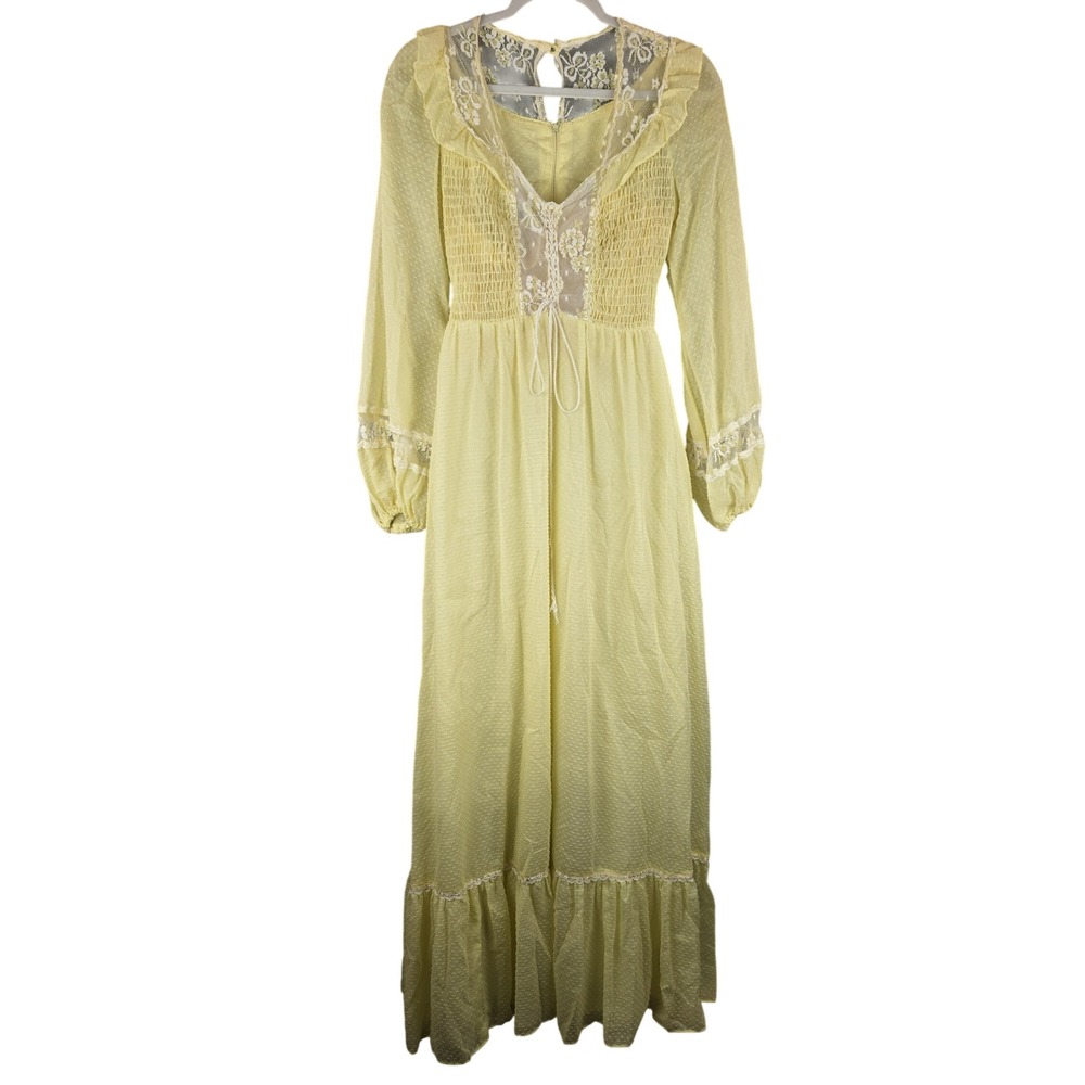 Vtg Jody of California Dress Womens 5 Yellow Swiss Dot Maxi Prairie Cottagecore